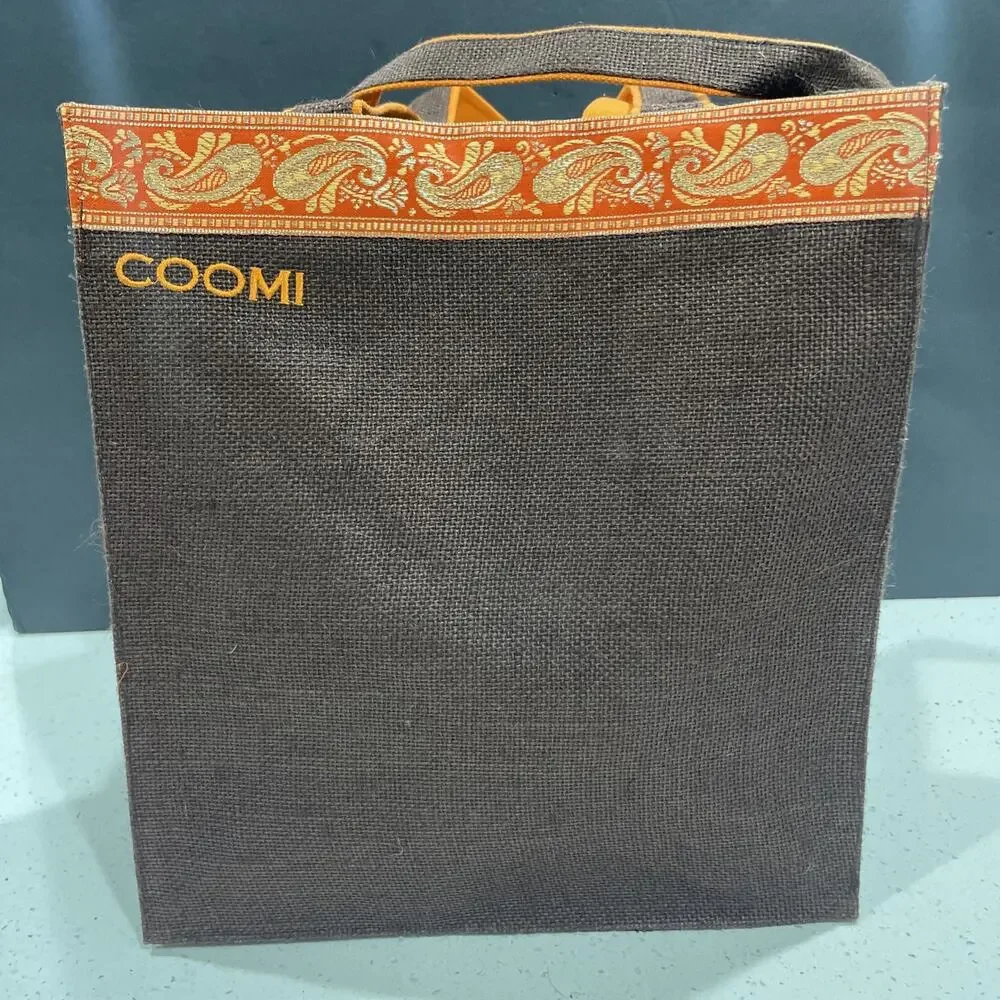 Tote Bag By Coomi Gold Paisley Ribbon Made Of Jute Ecofriendly NEW